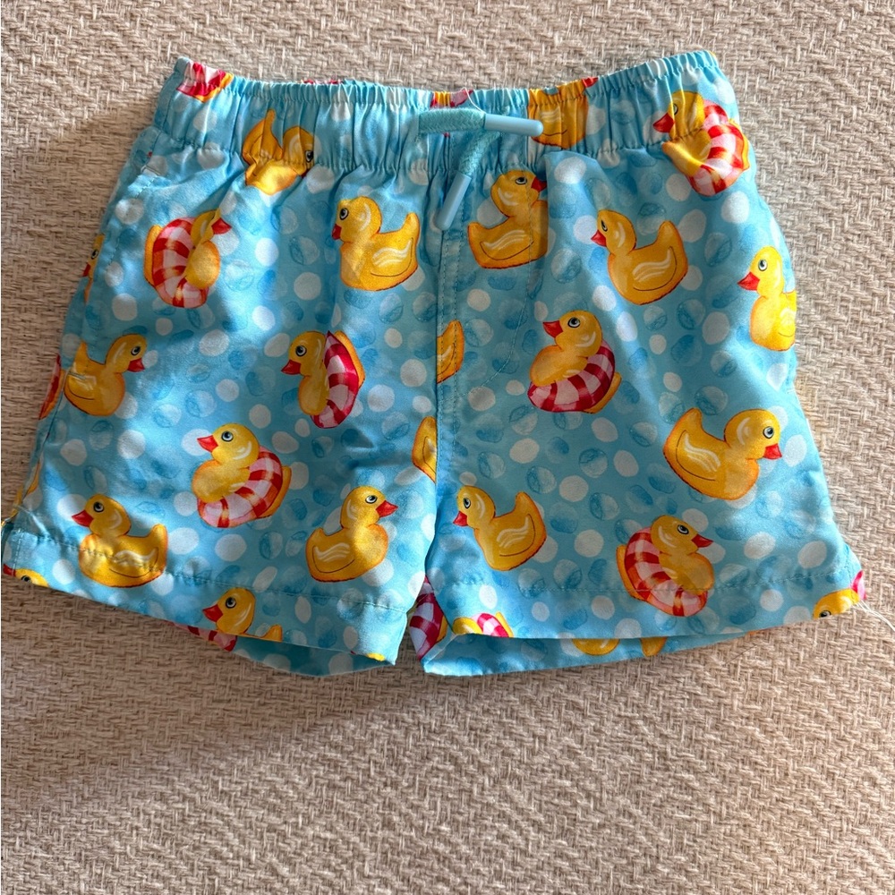 Posh Peanut Blue & Yellow Rubber Duck Kids Swim Trunks
